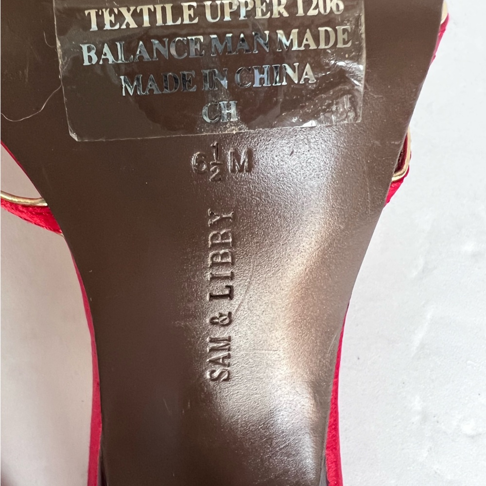 Sam & Libby Red/Gold Crisscross Christmas Holiday Strapless Heels Size 6.5 - Picture 6 of 8